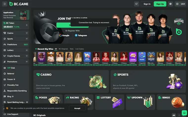 BC.Game home page as it opens for a visitor