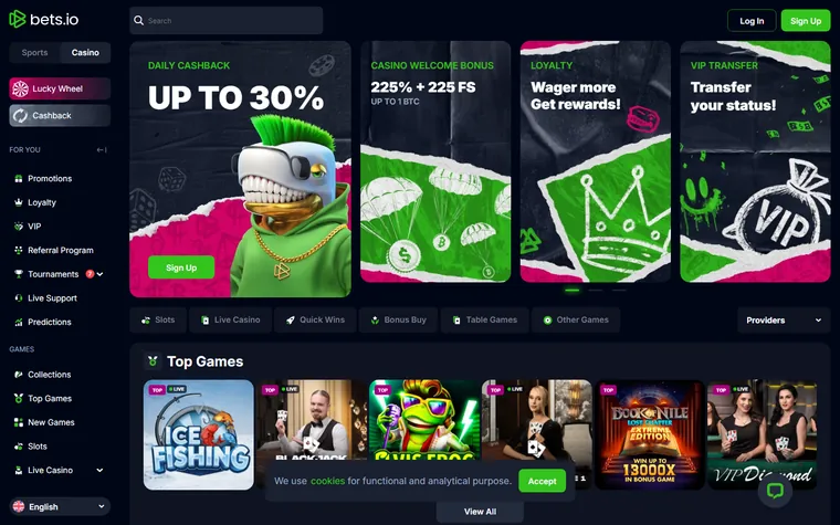 Bets.io home page as it opens for a visitor