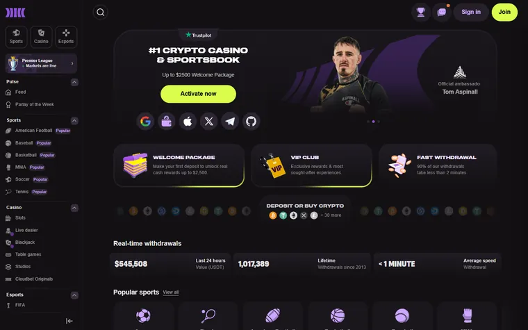 Cloudbet home page as it opens for a visitor