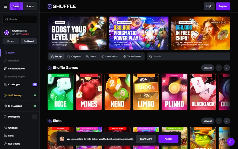 Shuffle home page as it opens for a visitor