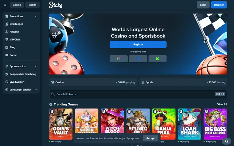 Stake home page as it opens for a visitor